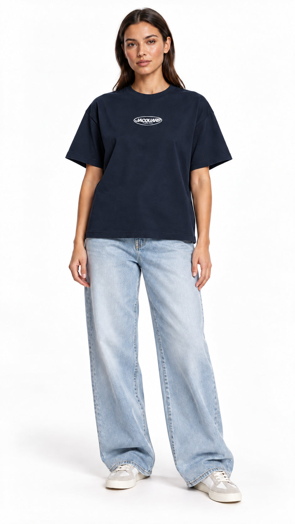 Front view of a second model wearing the JacquardStudios Logo T-Shirt in Navy Blue