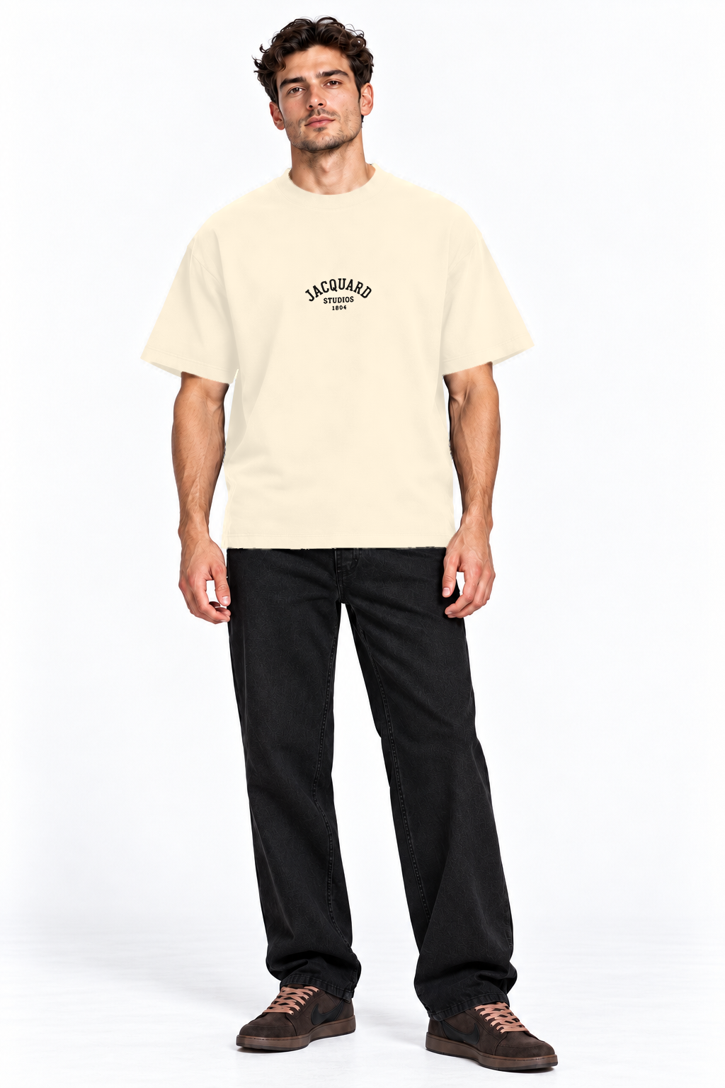 Front view of a model wearing the JacquardStudios 1804 T-Shirt in Apricot
