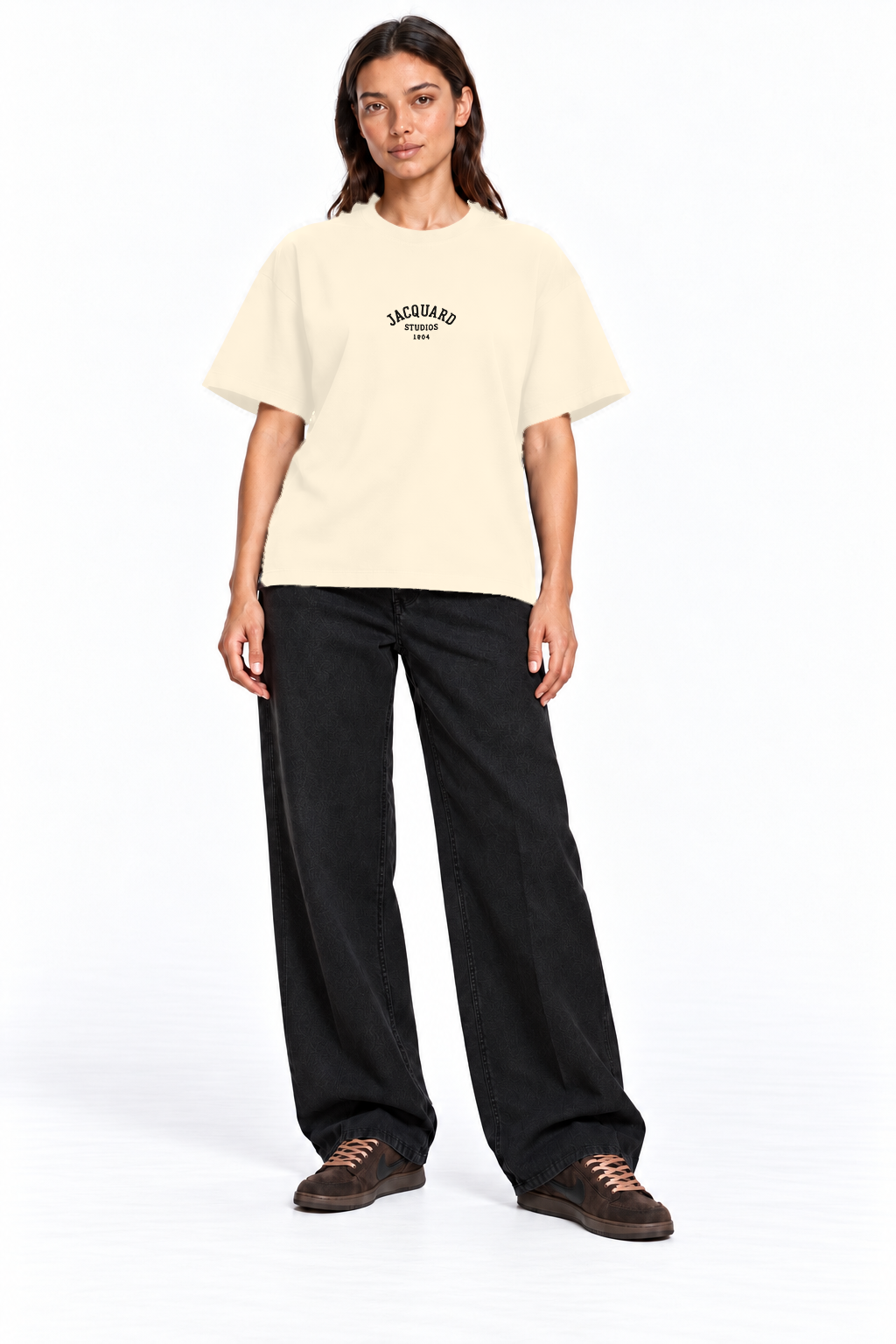 Front view of a second model wearing the JacquardStudios 1804 T-Shirt in Apricot