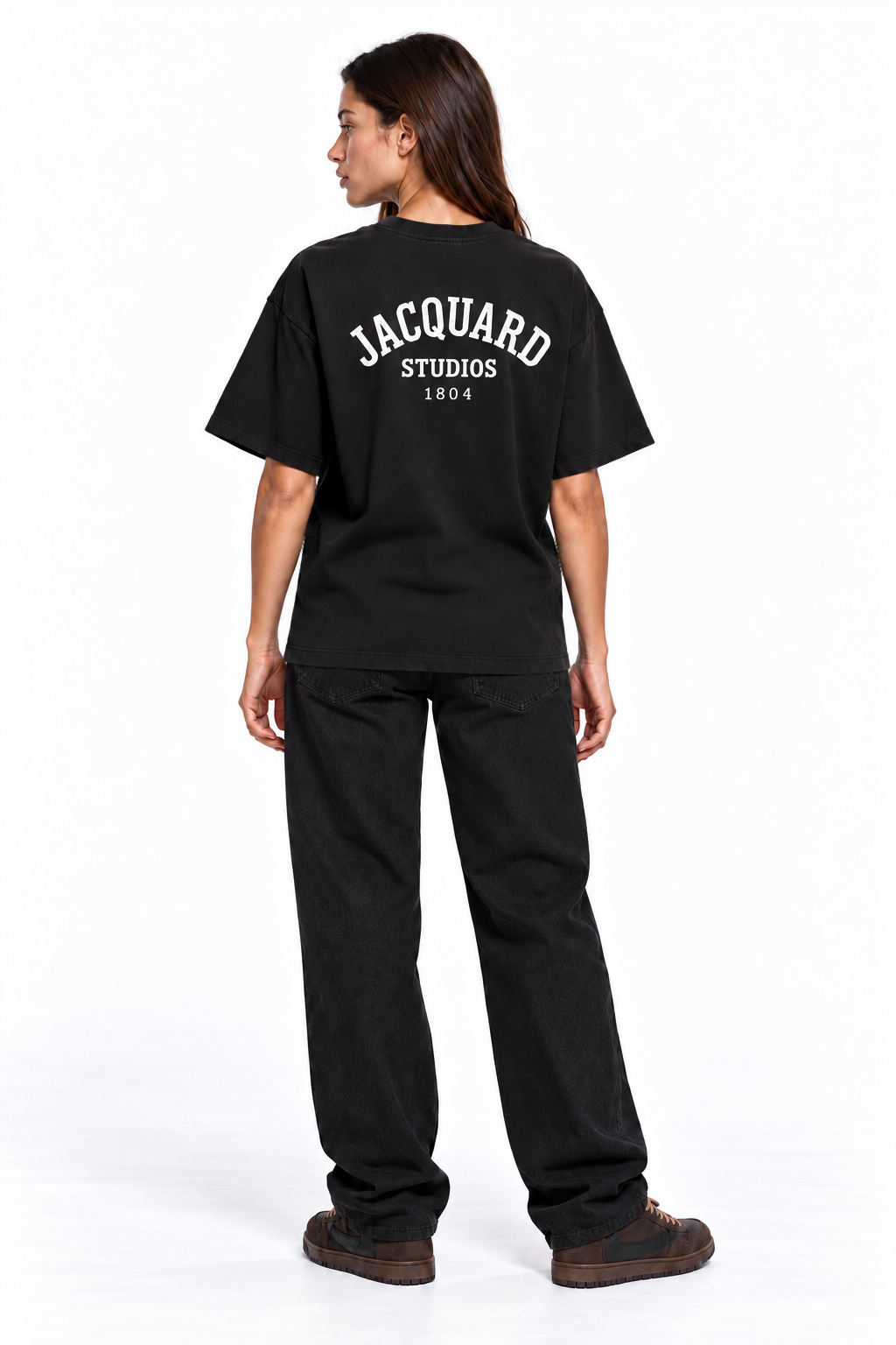 Back view of a second model wearing the JacquardStudios 1804 T-Shirt in Black