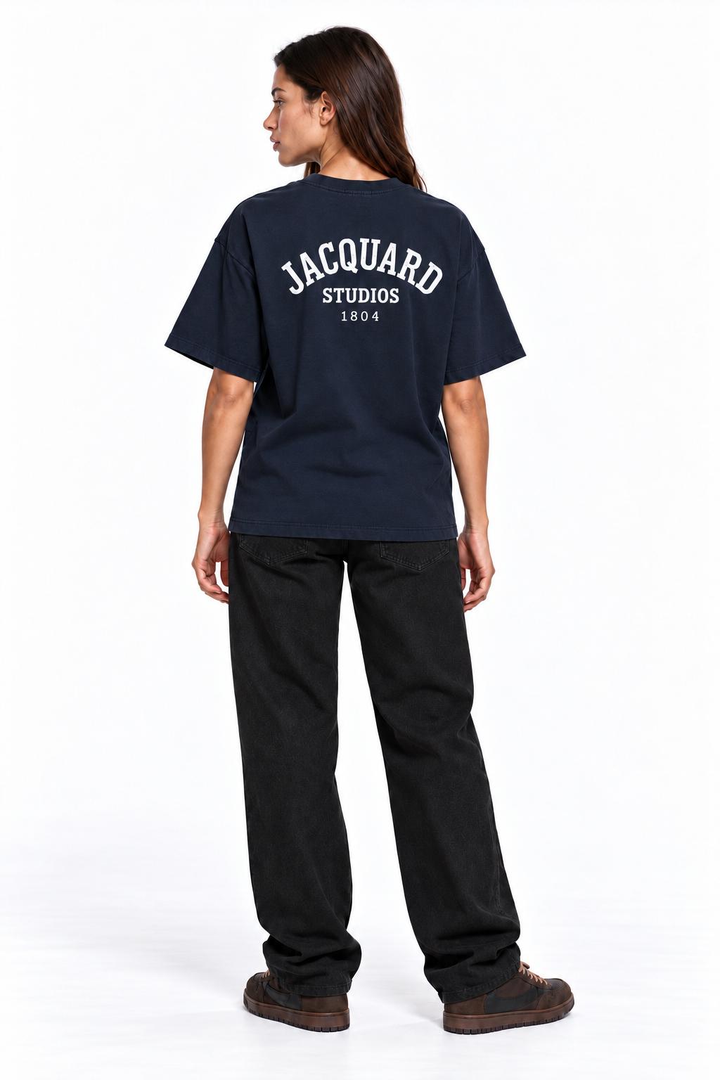 Back view of a second model wearing the JacquardStudios 1804 T-Shirt in Navy Blue
