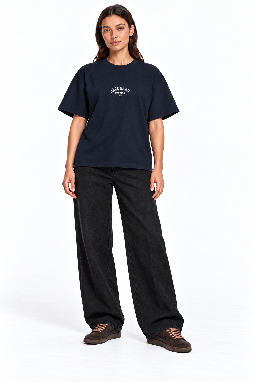 Front view of a second model wearing the JacquardStudios 1804 T-Shirt in Navy Blue