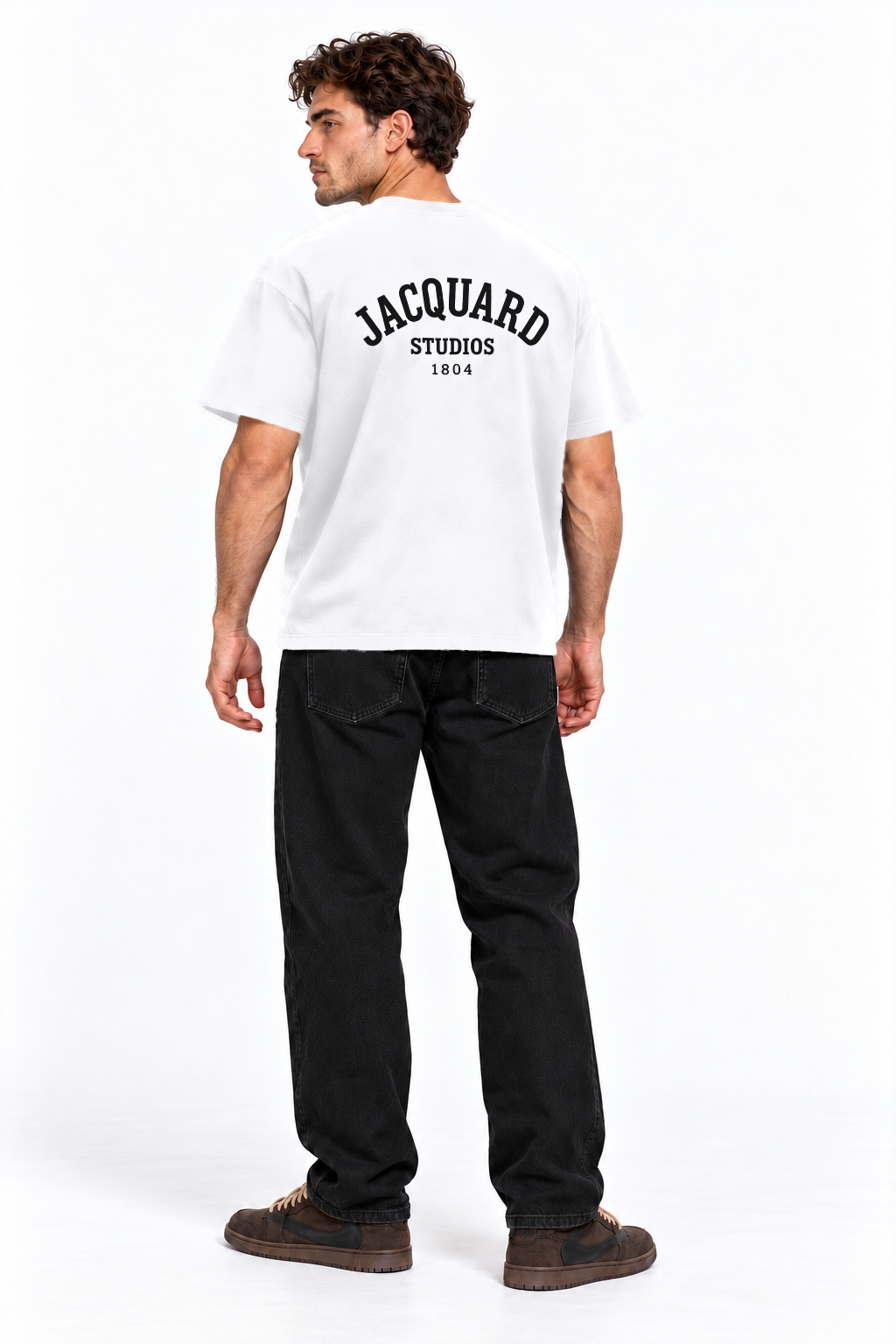 Back view of a model wearing the JacquardStudios 1804 T-Shirt in White