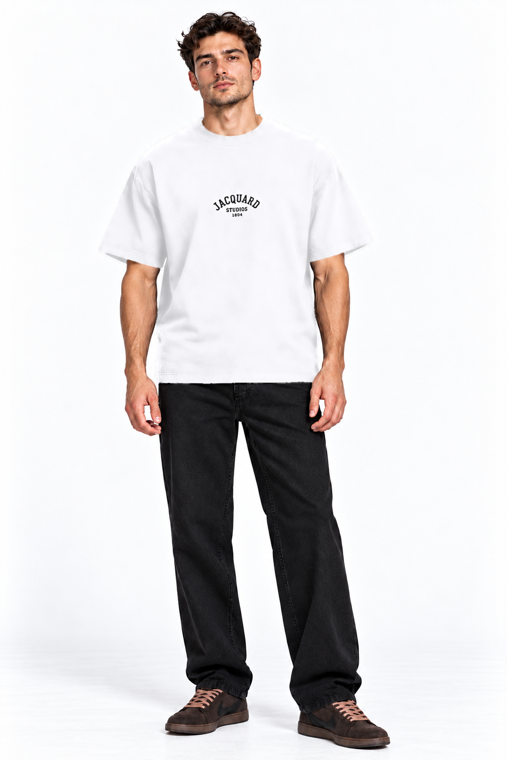 Front view of a model wearing the JacquardStudios 1804 T-Shirt in White