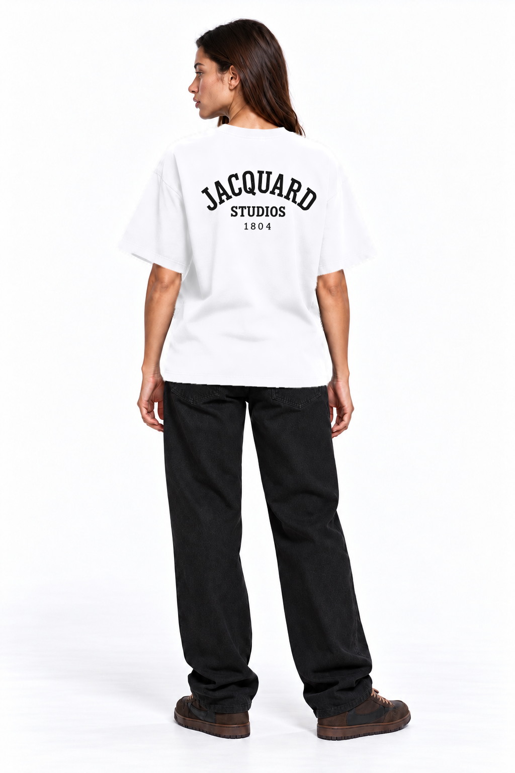 Back view of a second model wearing the JacquardStudios 1804 T-Shirt in White