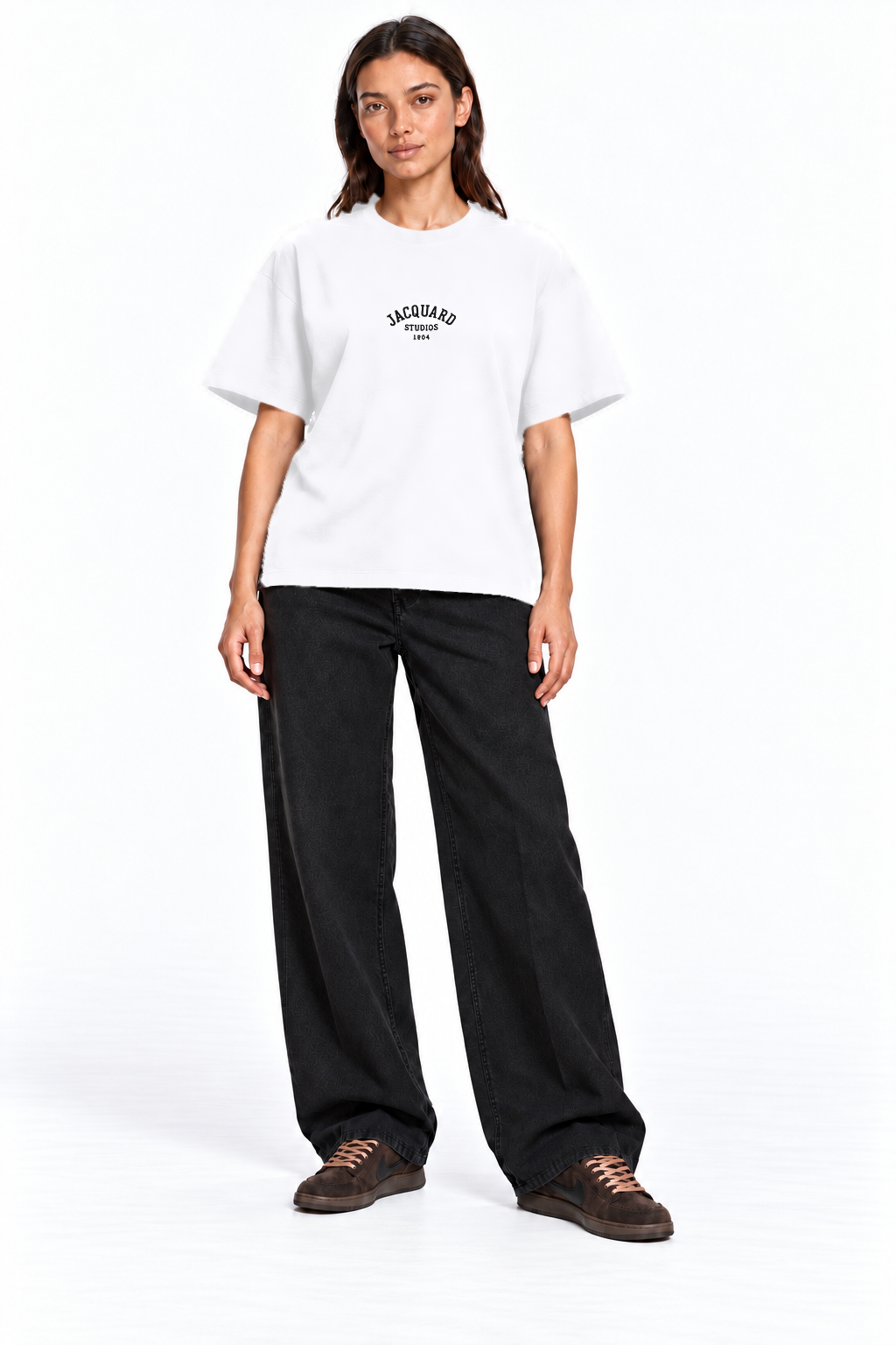 Front view of a second model wearing the JacquardStudios 1804 T-Shirt in White