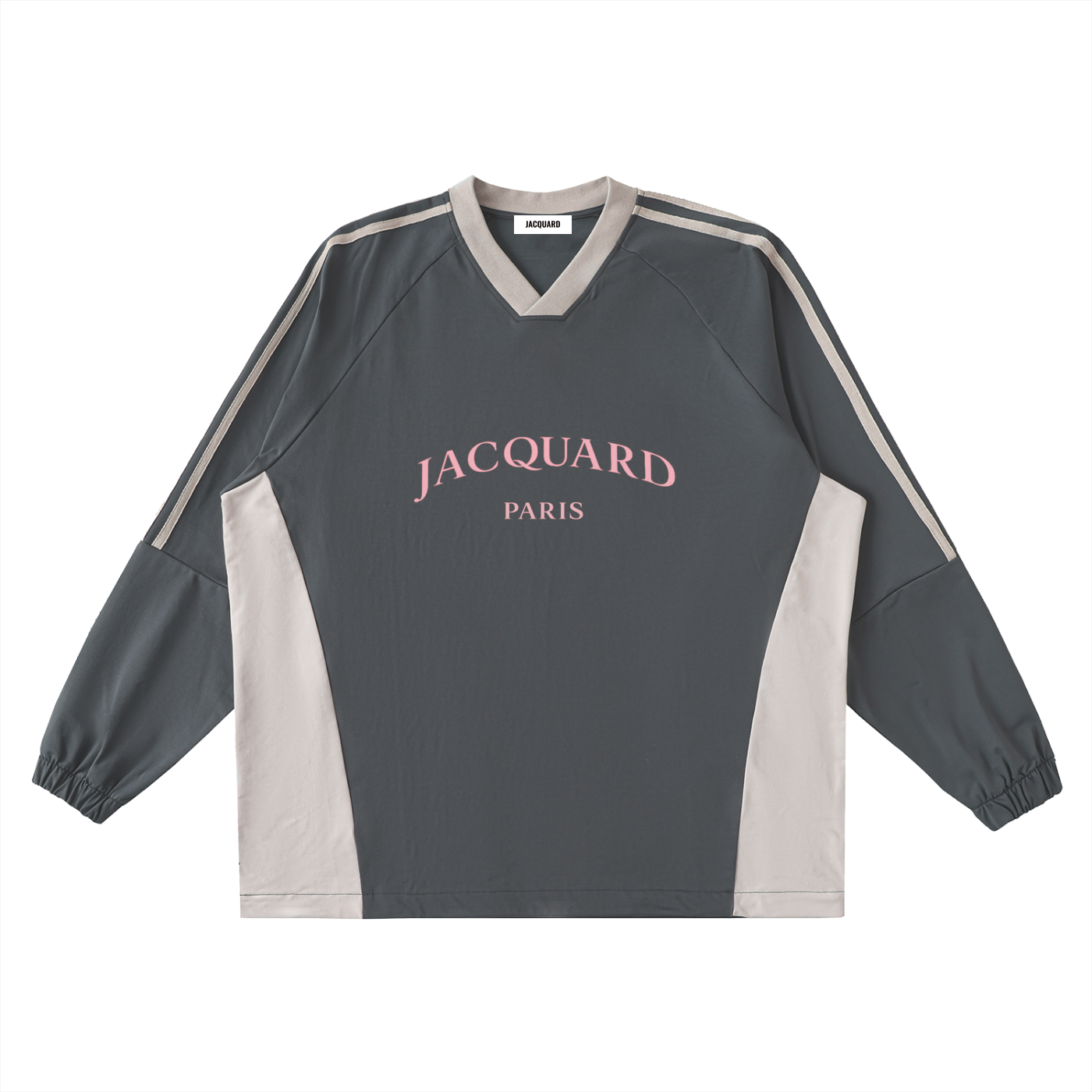 JacquardStudios Pink Paris V-Neck Long Sleeve in Dark Gray with Khaki