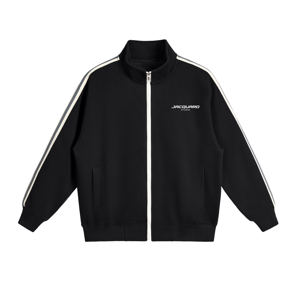 Jacket of the JacquardStudios Studio Stripe Tracksuit in Black