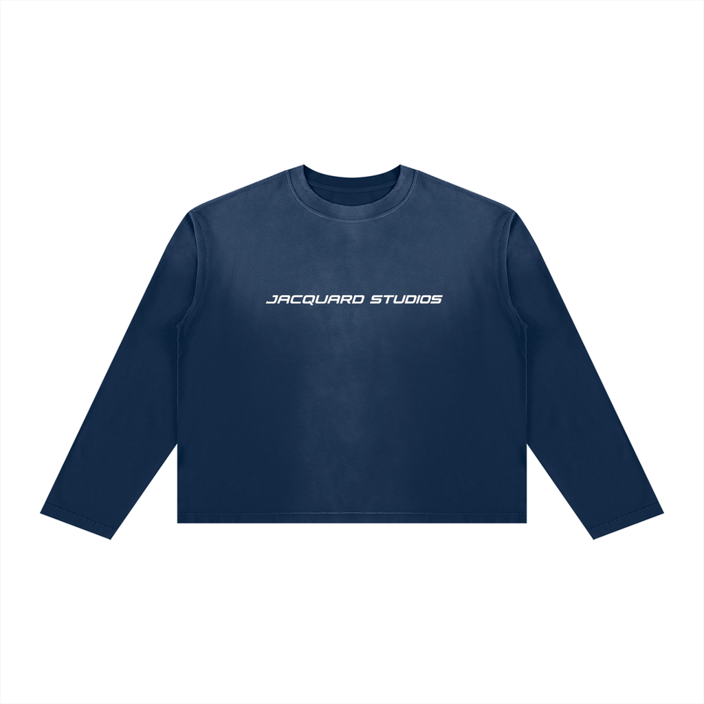 JacquardStudios J/S Unisex Sunfade Boxy Long Sleeve, white print, in Navy Blue