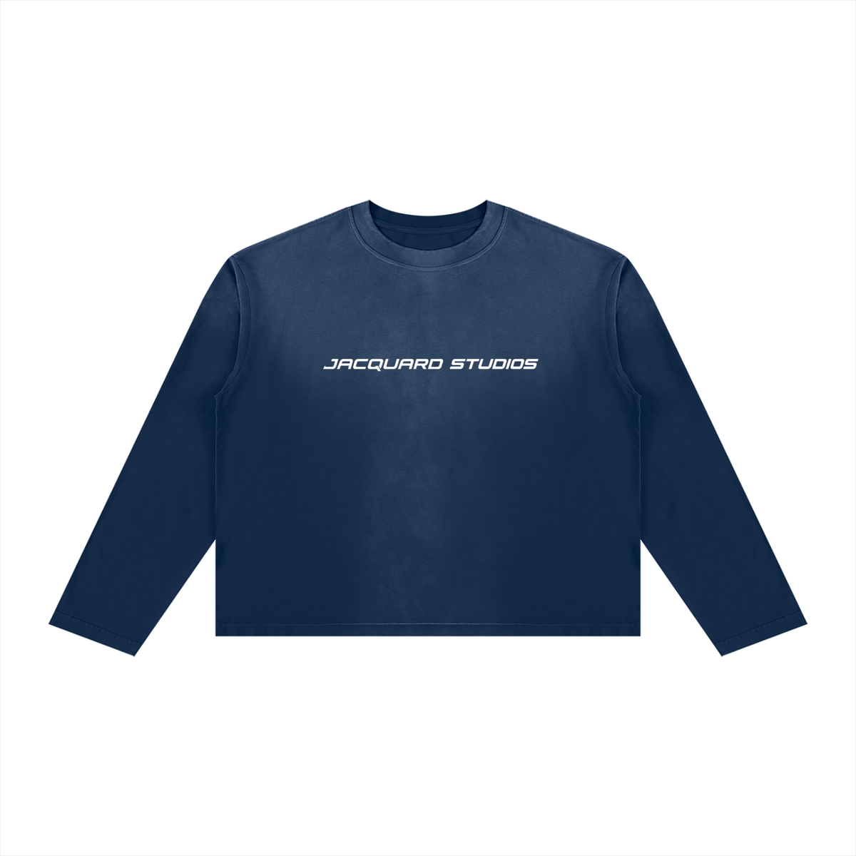 JacquardStudios J/S Unisex Sunfade Boxy Long Sleeve, white print, in Navy Blue