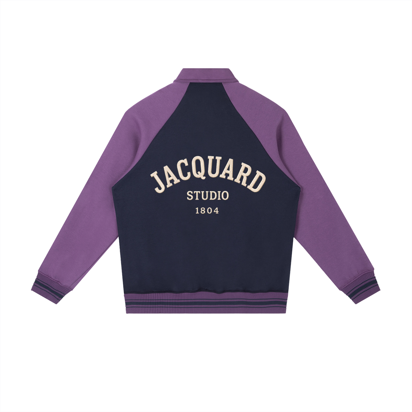 JacquardStudios Studio Baseball Jacket in Navy Blue with Purple, alternate view