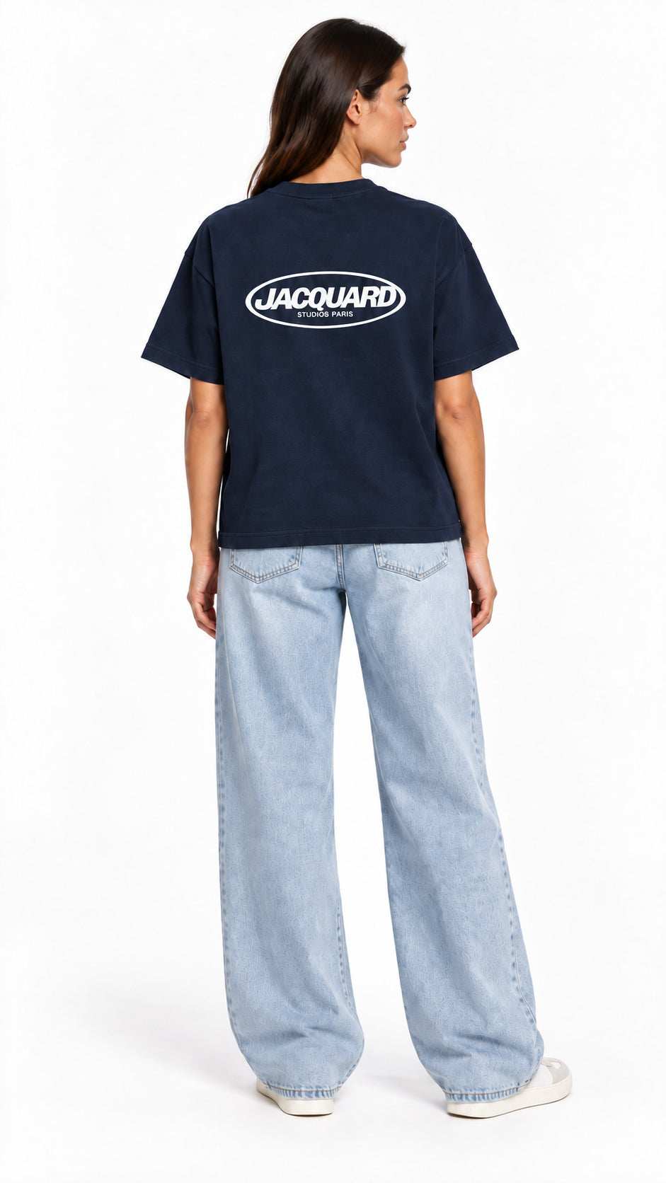 Back view of a second model wearing the JacquardStudios Logo T-Shirt in Navy Blue