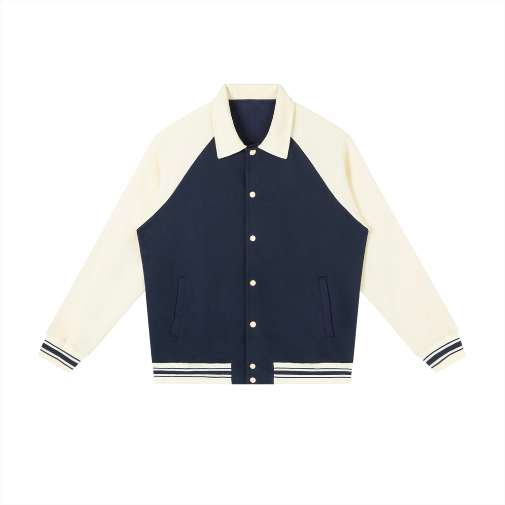 JacquardStudios Studio Baseball Jacket in Navy Blue with Apricot