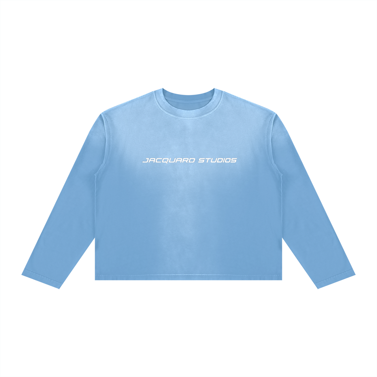 JacquardStudios J/S Unisex Sunfade Boxy Long Sleeve, white print, in Sky Blue