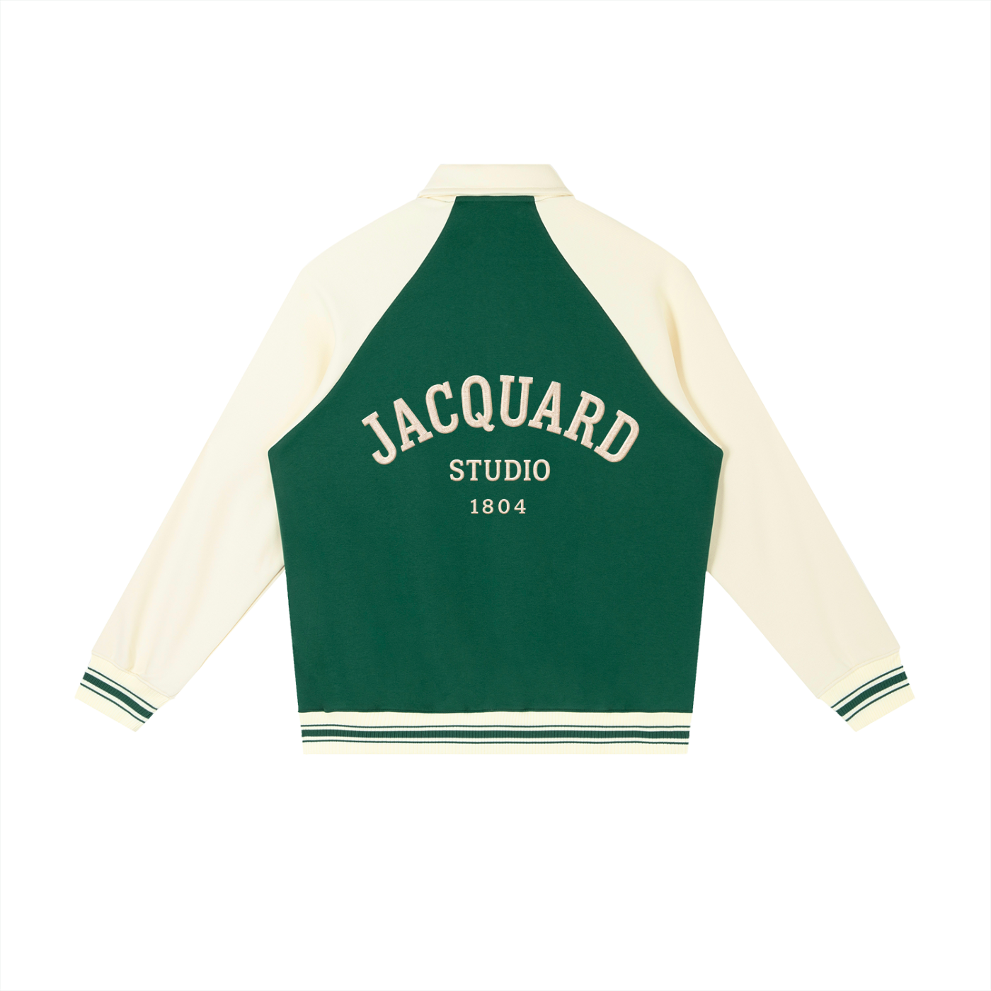 JacquardStudios Studio Baseball Jacket in Green with Apricot, alternate view