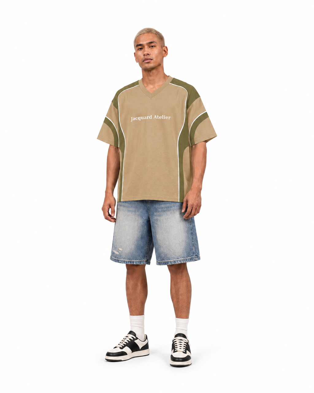 JacquardStudios Unisex Block V-Neck T-Shirt in Brown with Army Green