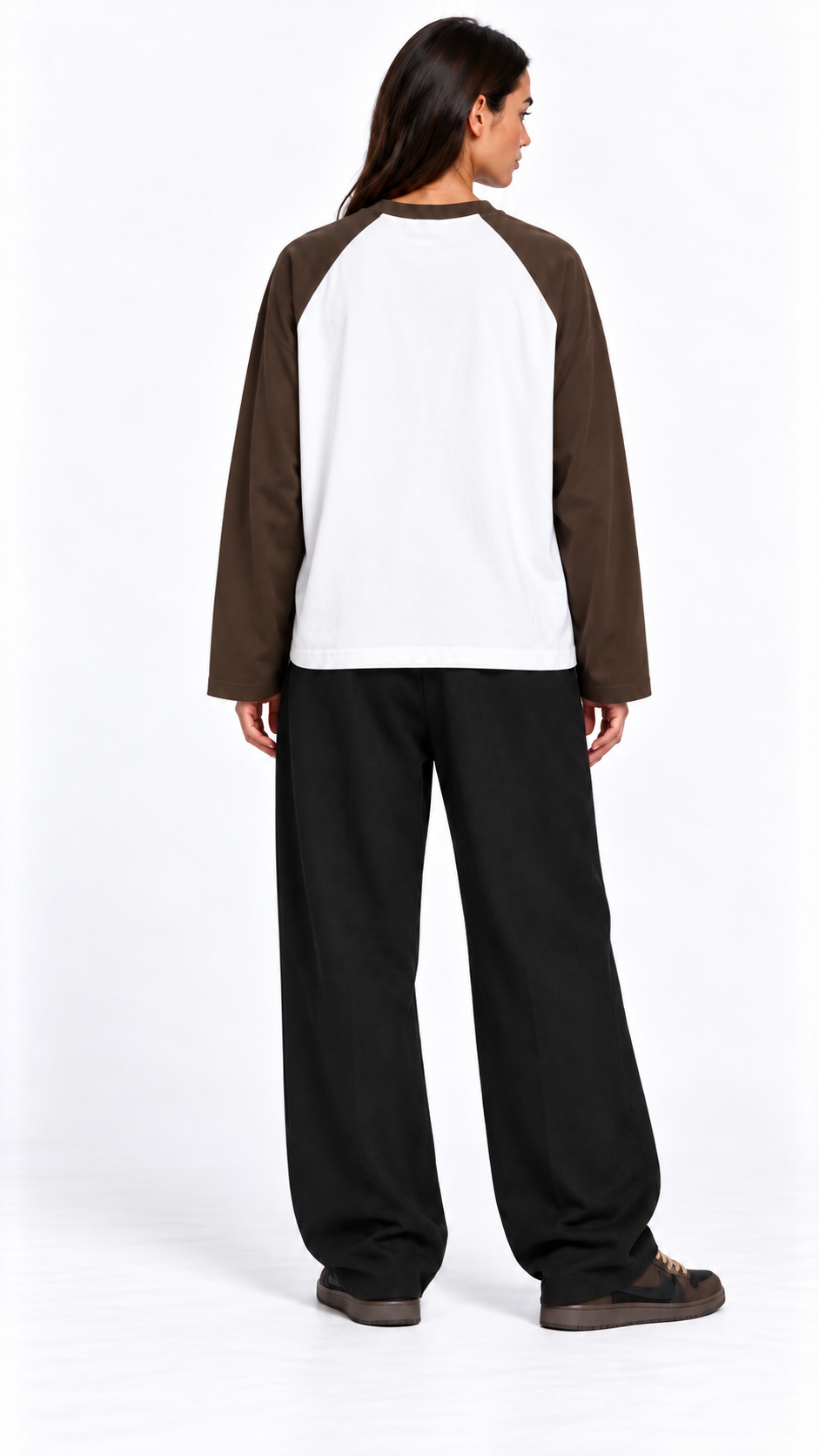 Back view of a second model wearing the JacquardStudios Club Raglan Longsleeve in White with Coffee