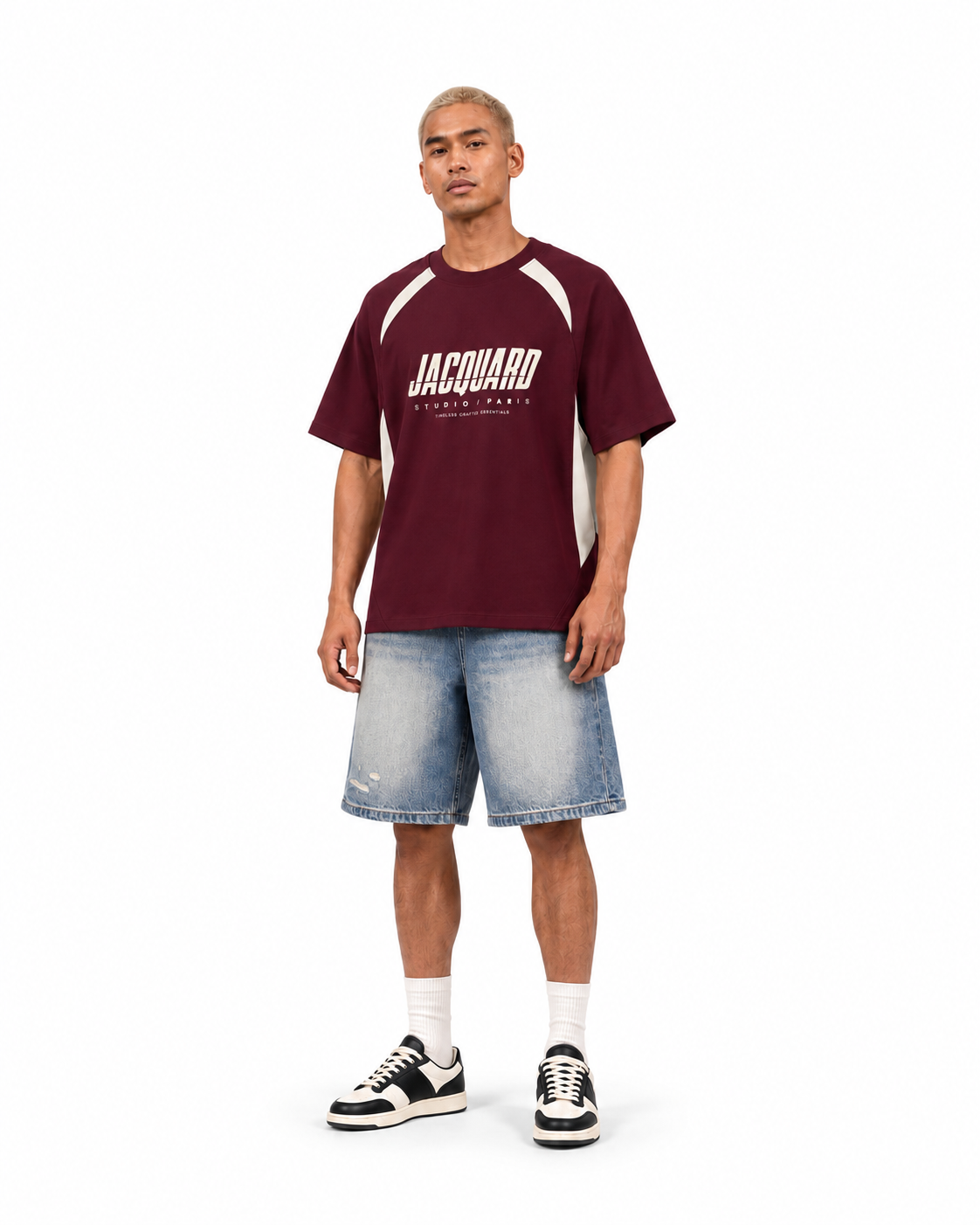 JacquardStudios Contrast Panel T-Shirt in Wine Red