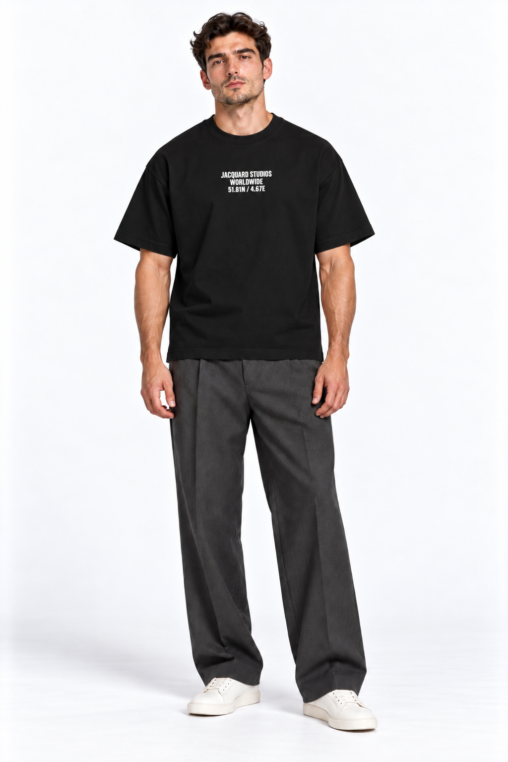Front view of a model wearing the JacquardStudios Coordinates T-Shirt in Black