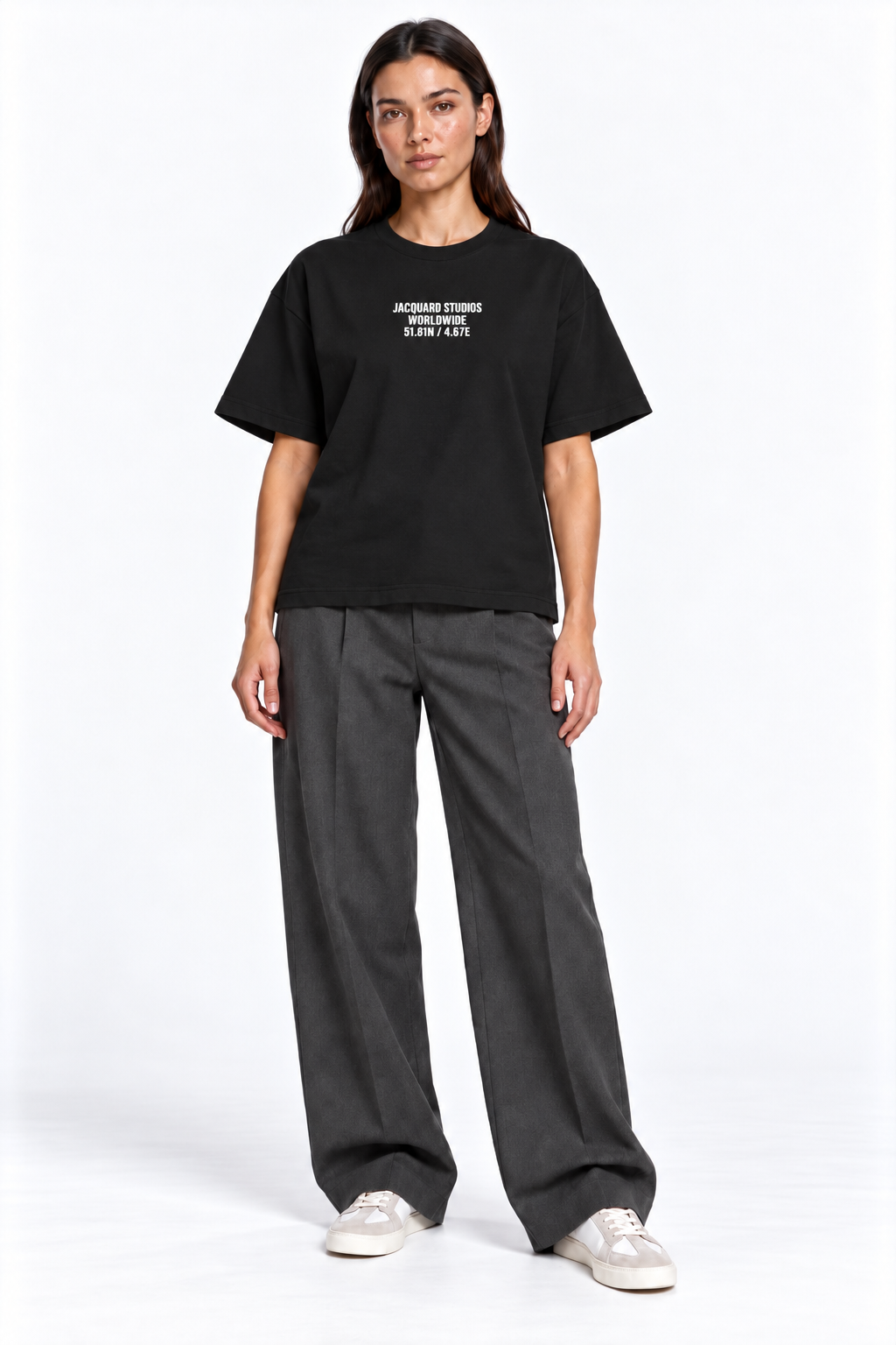 Front view of a second model wearing the JacquardStudios Coordinates T-Shirt in Black