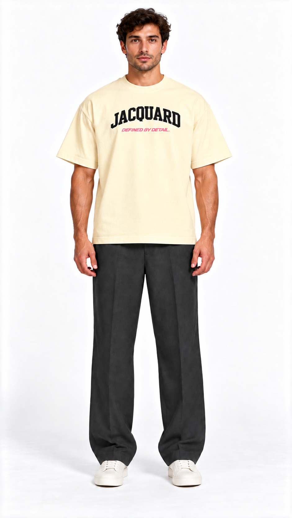 Front view of a model wearing the JacquardStudios Defined by T-Shirt in Apricot