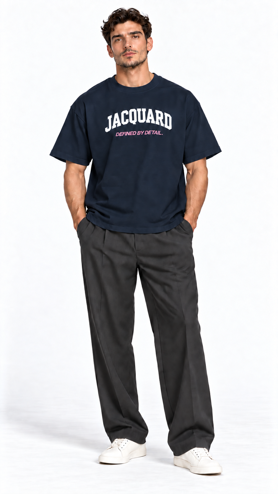Front view of a model wearing the JacquardStudios Defined by T-Shirt in Navy Blue