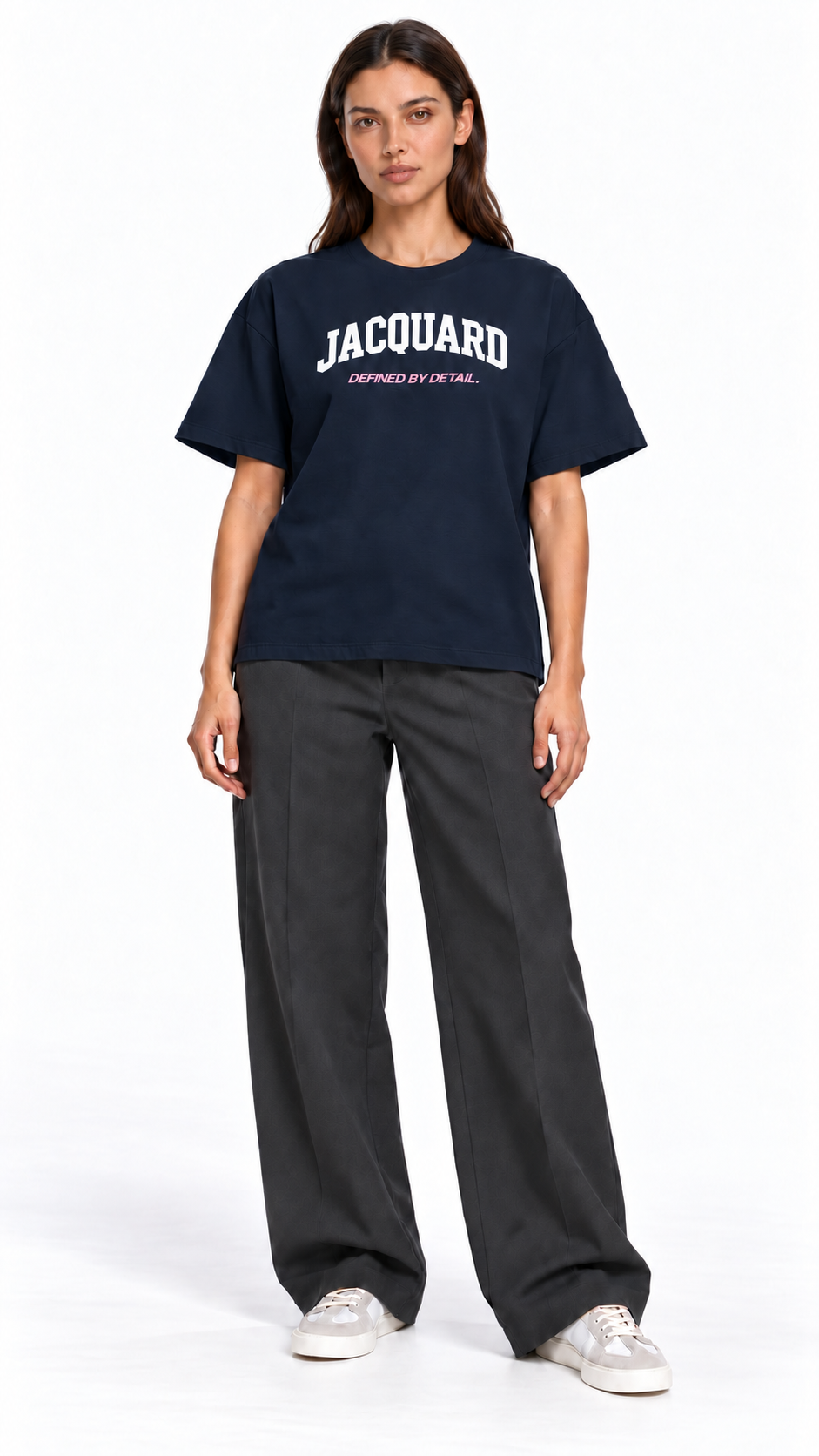 Front view of a second model wearing the JacquardStudios Defined by T-Shirt in Navy Blue