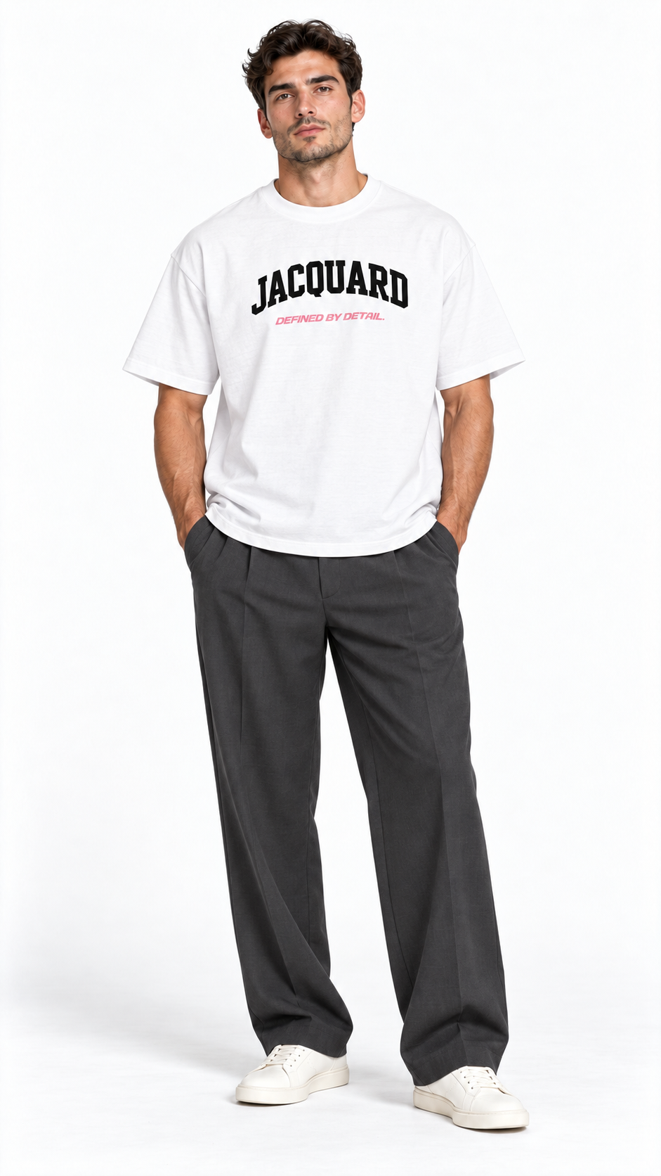 Front view of a model wearing the JacquardStudios Defined by T-Shirt in White