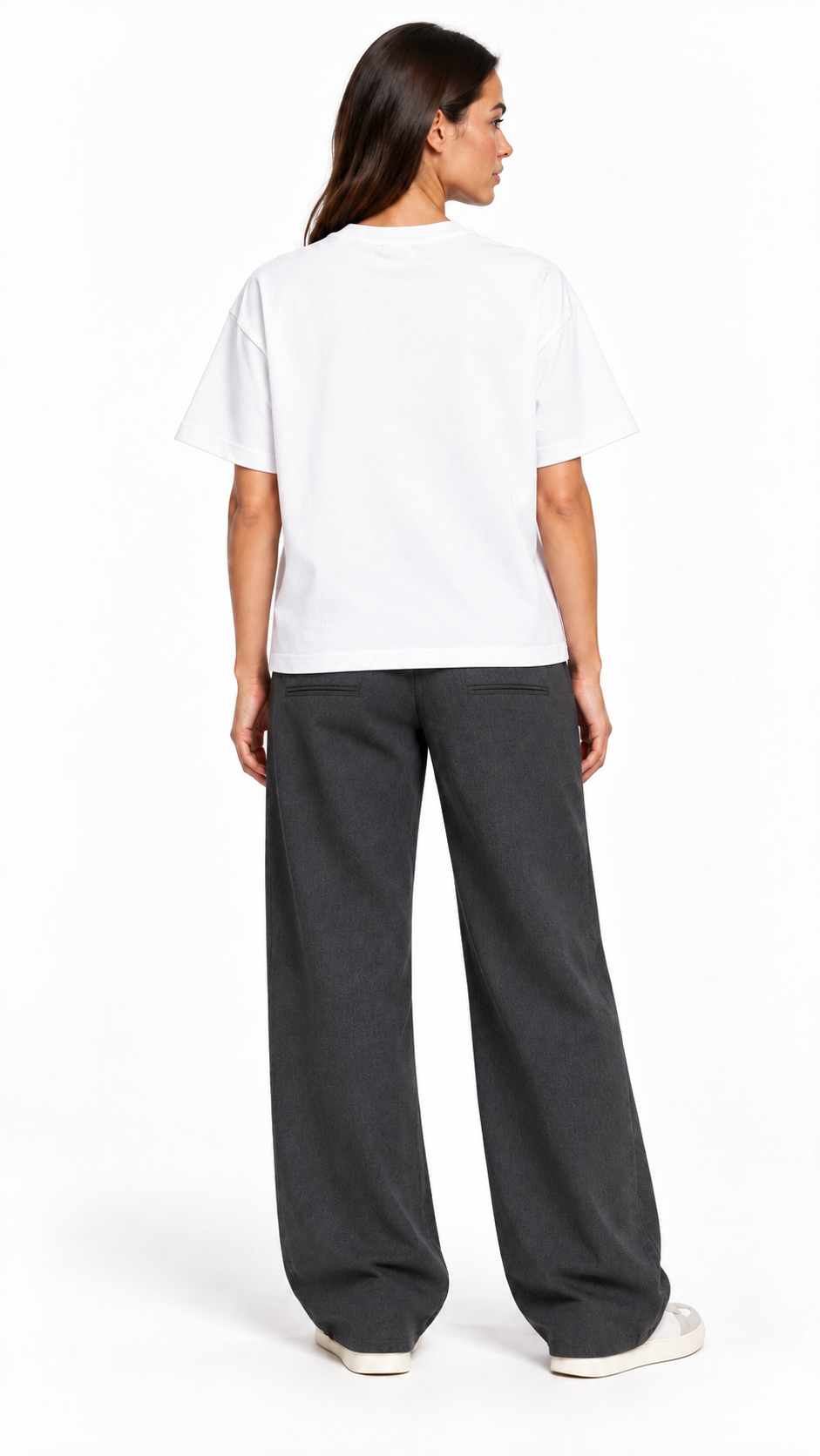 Back view of a second model wearing the JacquardStudios Defined by T-Shirt in White