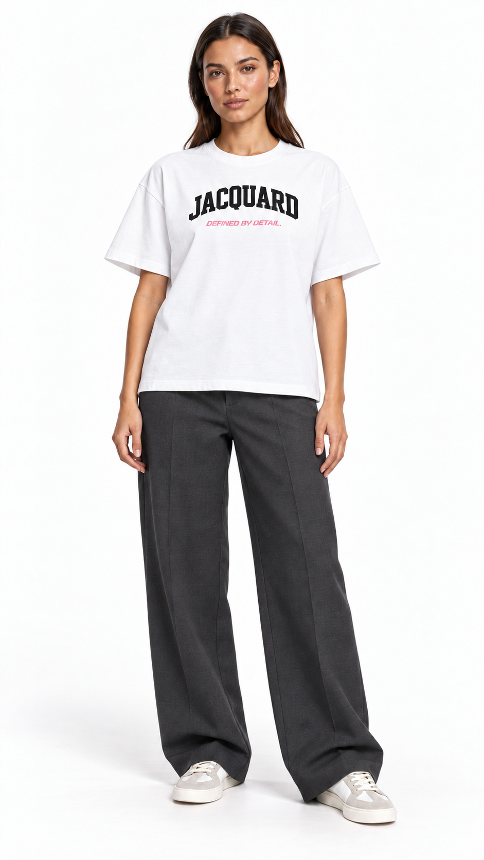 Front view of a second model wearing the JacquardStudios Defined by T-Shirt in White