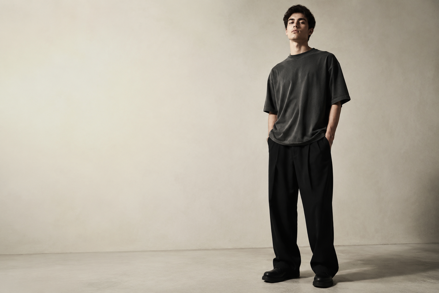 Model wearing the Jacquard Studio Series 01 washed grey oversized t-shirt with black wide-leg trousers against a concrete wall