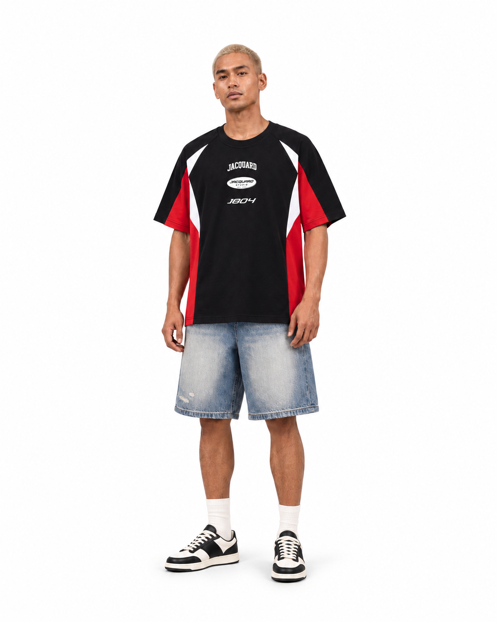 JacquardStudios Unisex Logo Raglan T-Shirt in Black with Red
