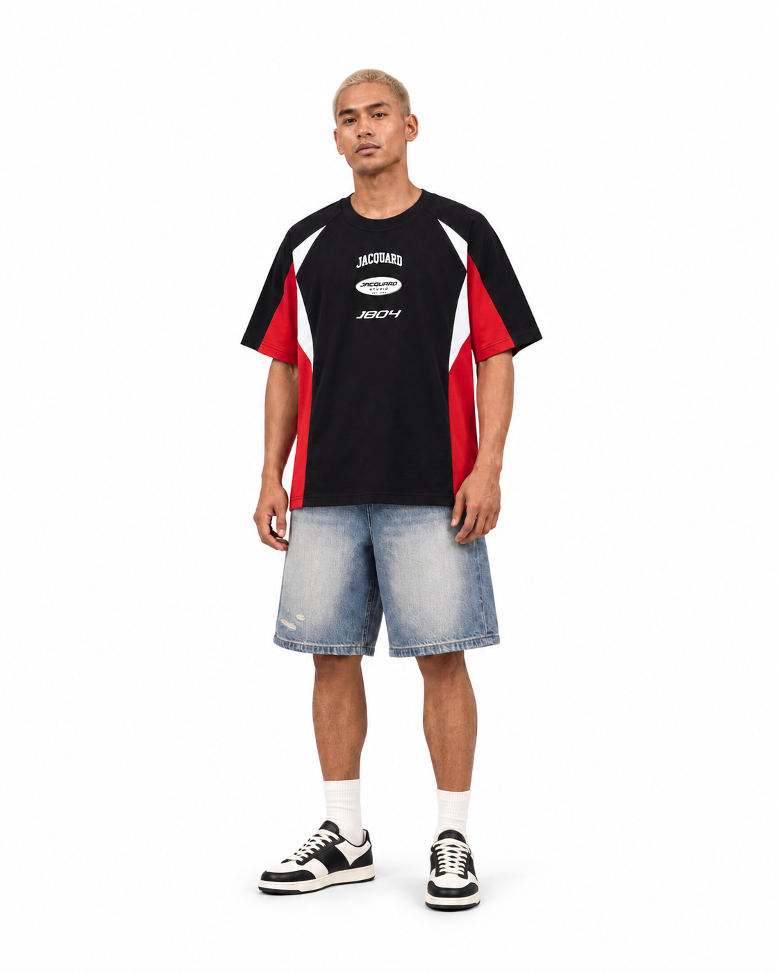 JacquardStudios Unisex Logo Raglan T-Shirt in Black with Red