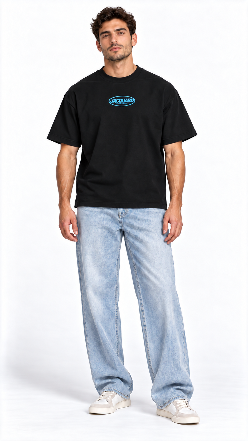 Front view of a model wearing the JacquardStudios Logo T-Shirt in Black