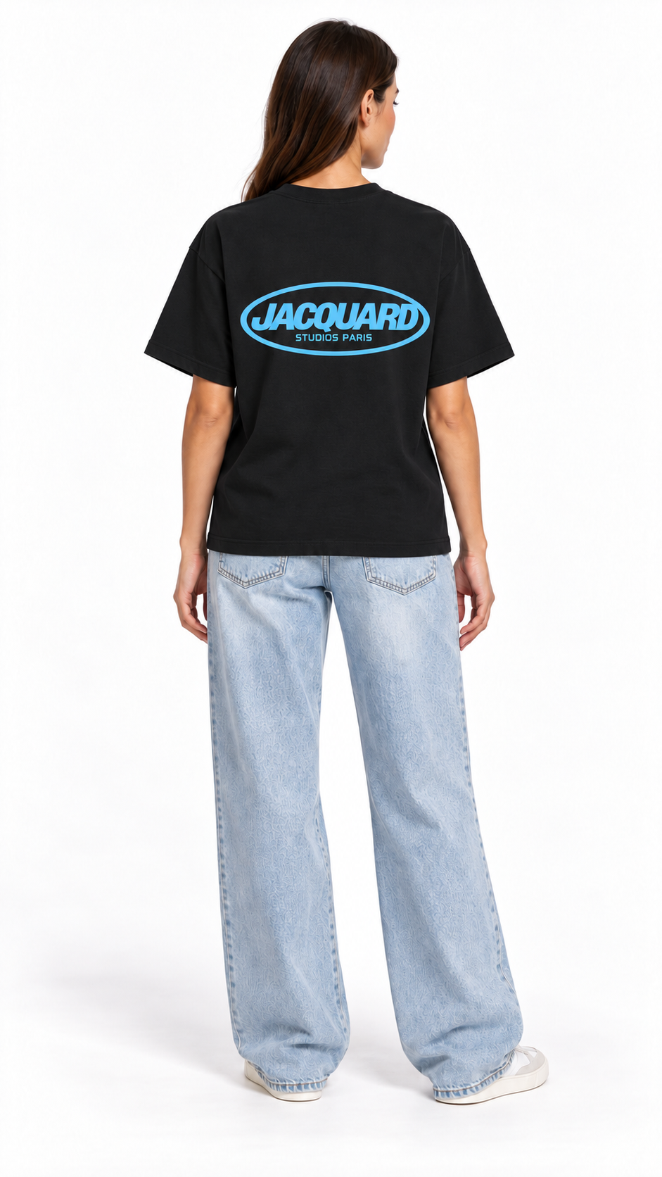 Back view of a second model wearing the JacquardStudios Logo T-Shirt in Black