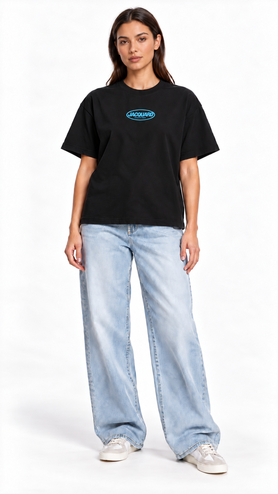 Front view of a second model wearing the JacquardStudios Logo T-Shirt in Black