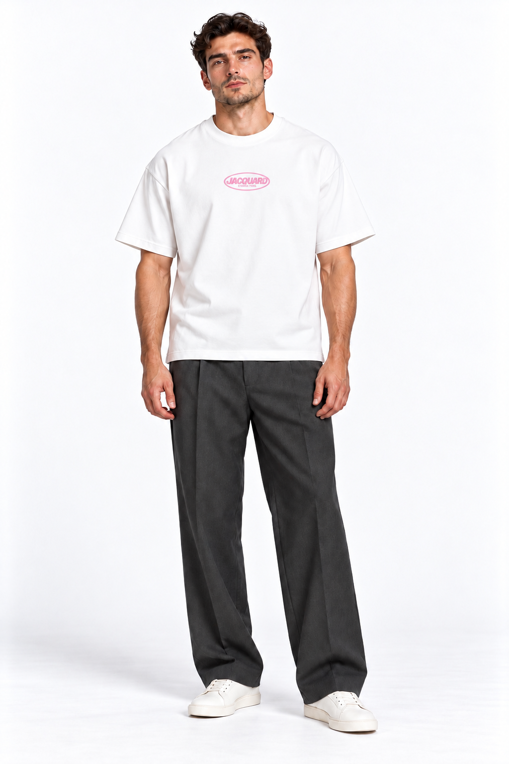 Front view of a model wearing the JacquardStudios Logo T-Shirt in White