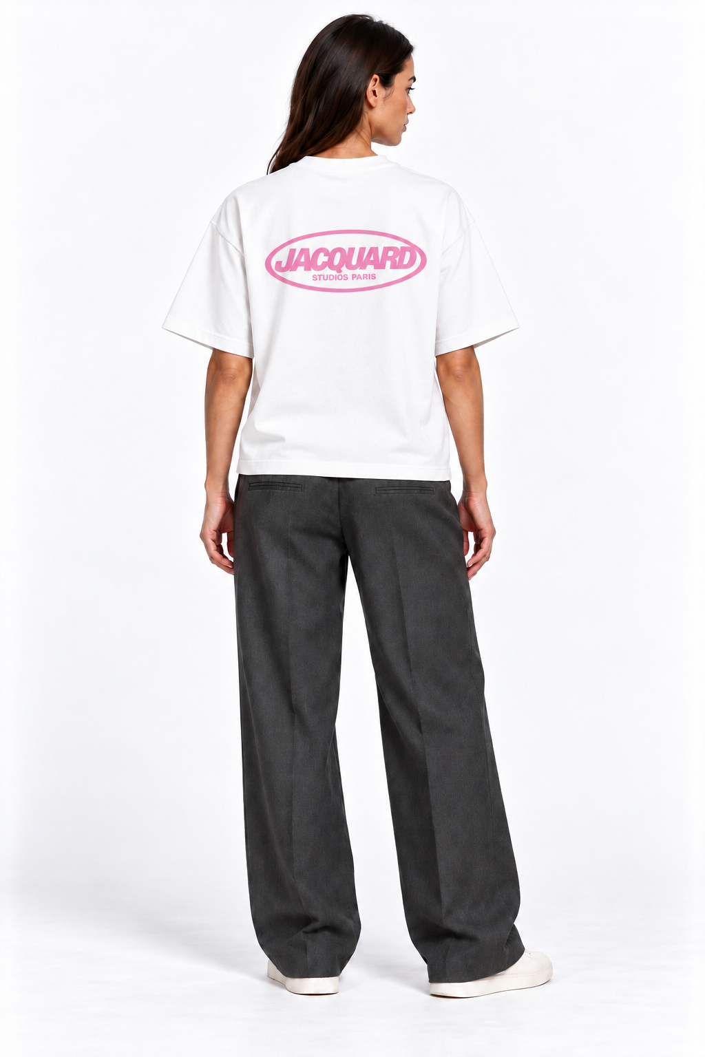 Back view of a second model wearing the JacquardStudios Logo T-Shirt in White