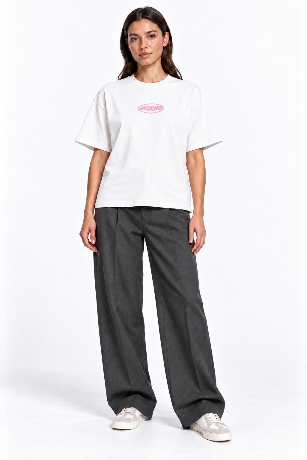 Front view of a second model wearing the JacquardStudios Logo T-Shirt in White