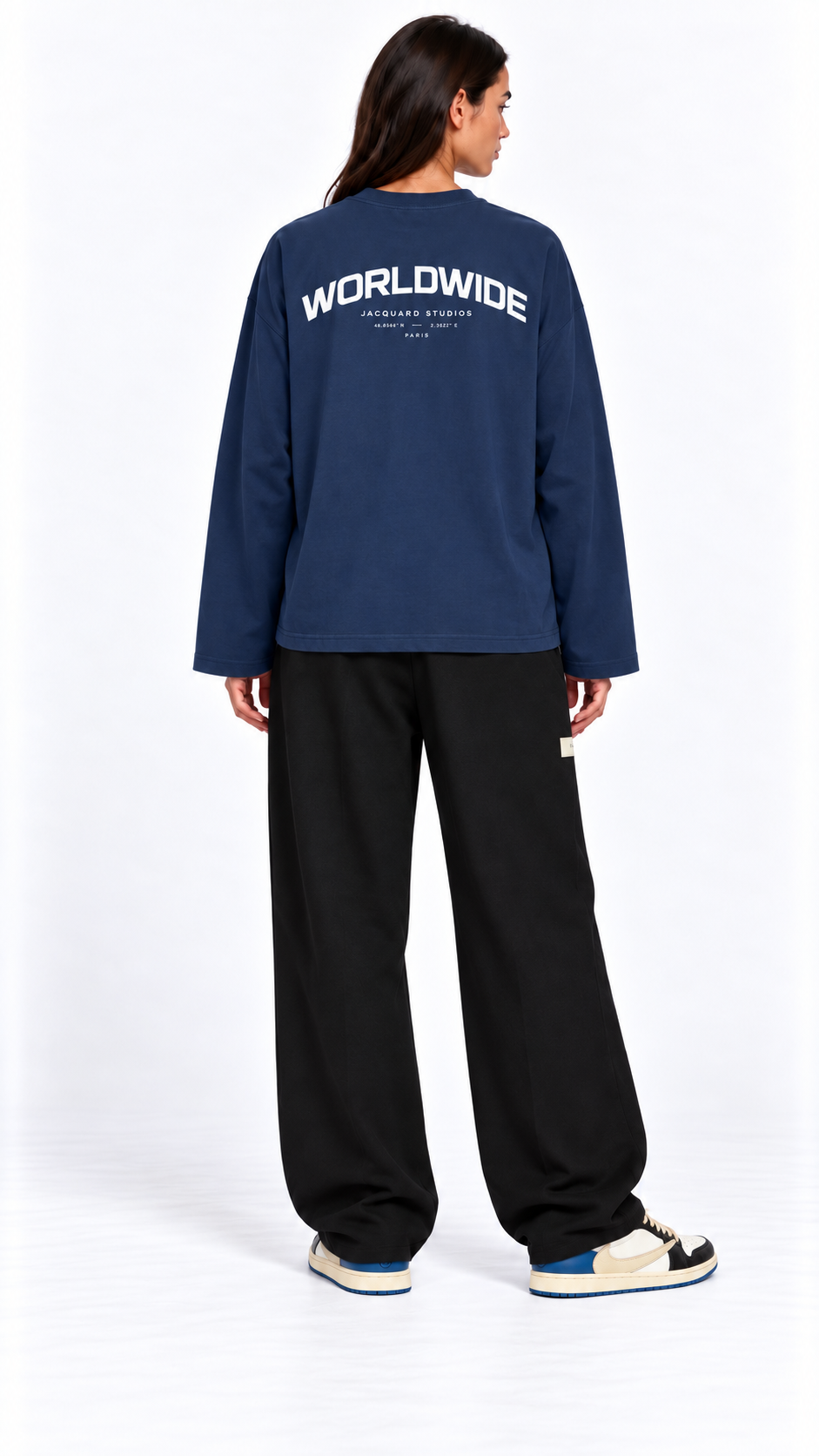 Back view of a second model wearing the JacquardStudios Worldwide Longsleeve in Navy Blue
