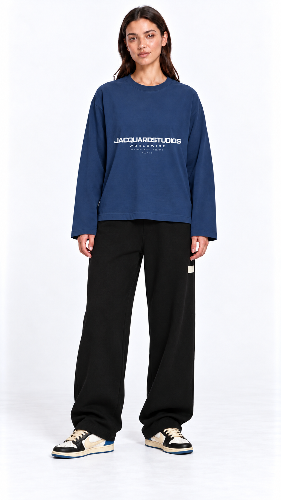 Front view of a second model wearing the JacquardStudios Worldwide Longsleeve in Navy Blue