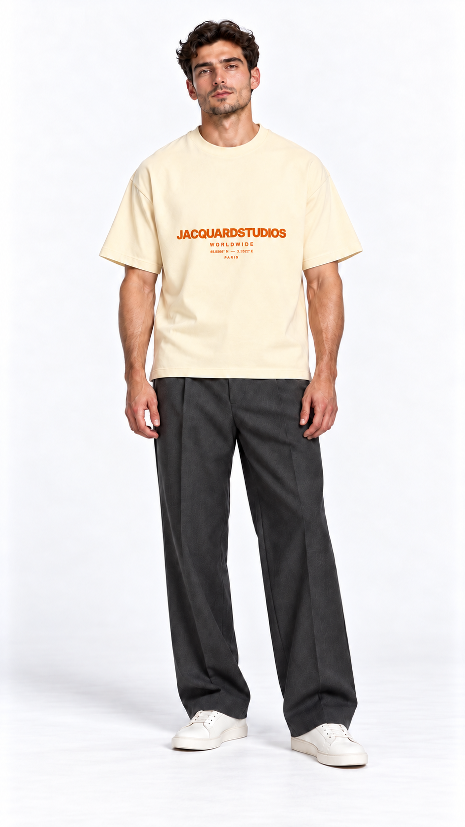 Front view of a model wearing the JacquardStudios Worldwide Orange T-Shirt in Apricot