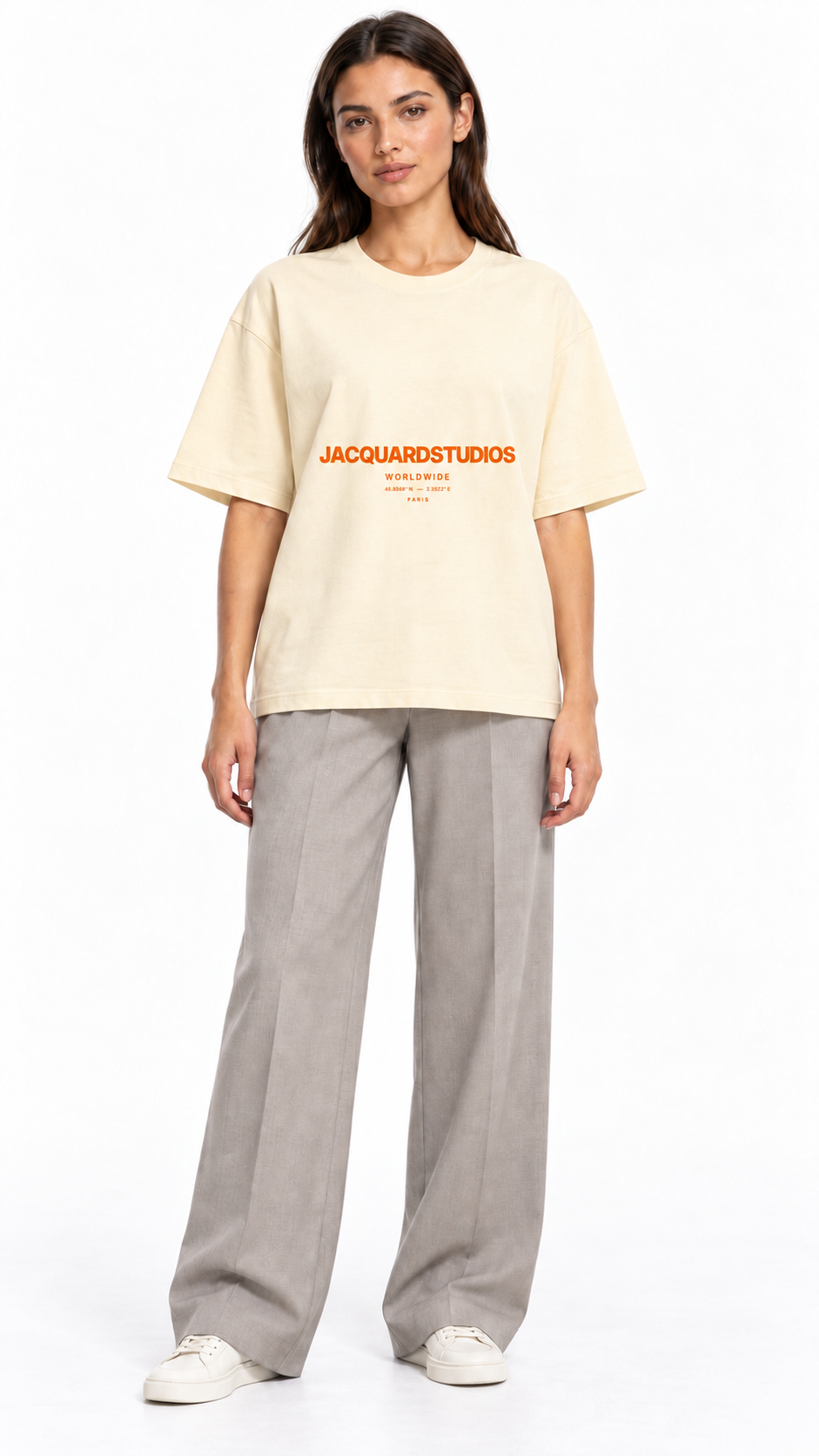 Front view of a second model wearing the JacquardStudios Worldwide Orange T-Shirt in Apricot