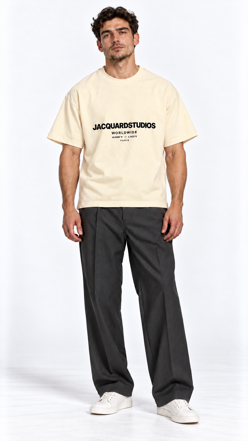 Front view of a model wearing the JacquardStudios Worldwide T-Shirt in Apricot