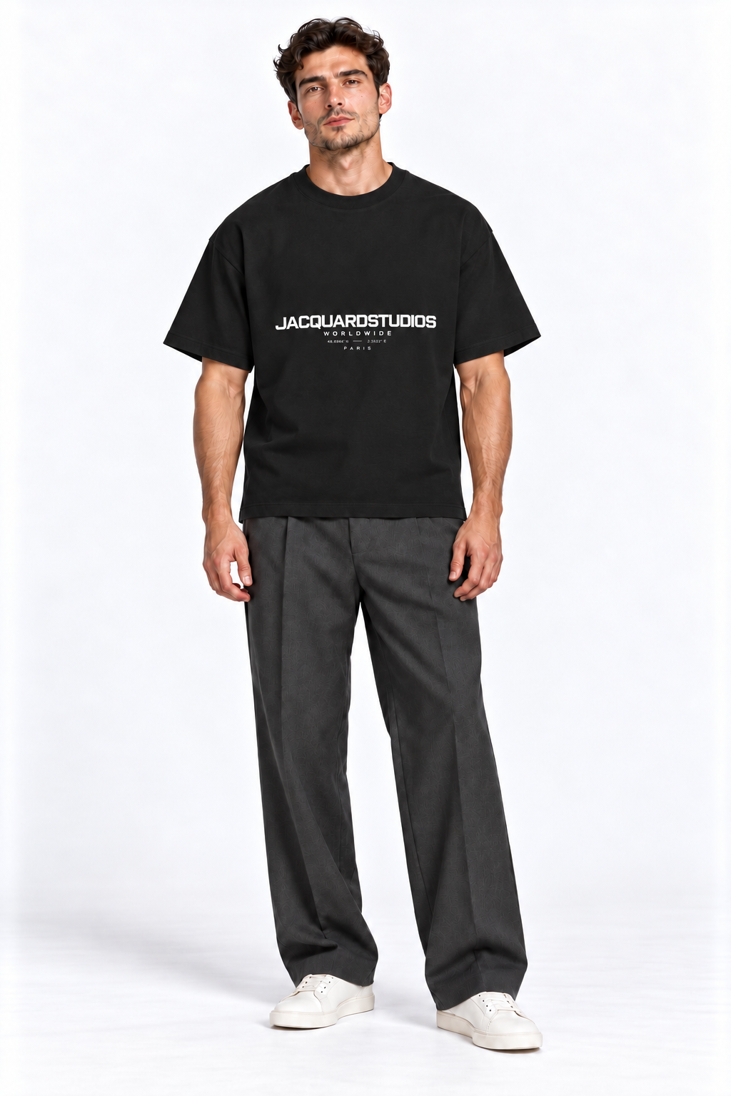 Front view of a model wearing the JacquardStudios Worldwide T-Shirt in Black