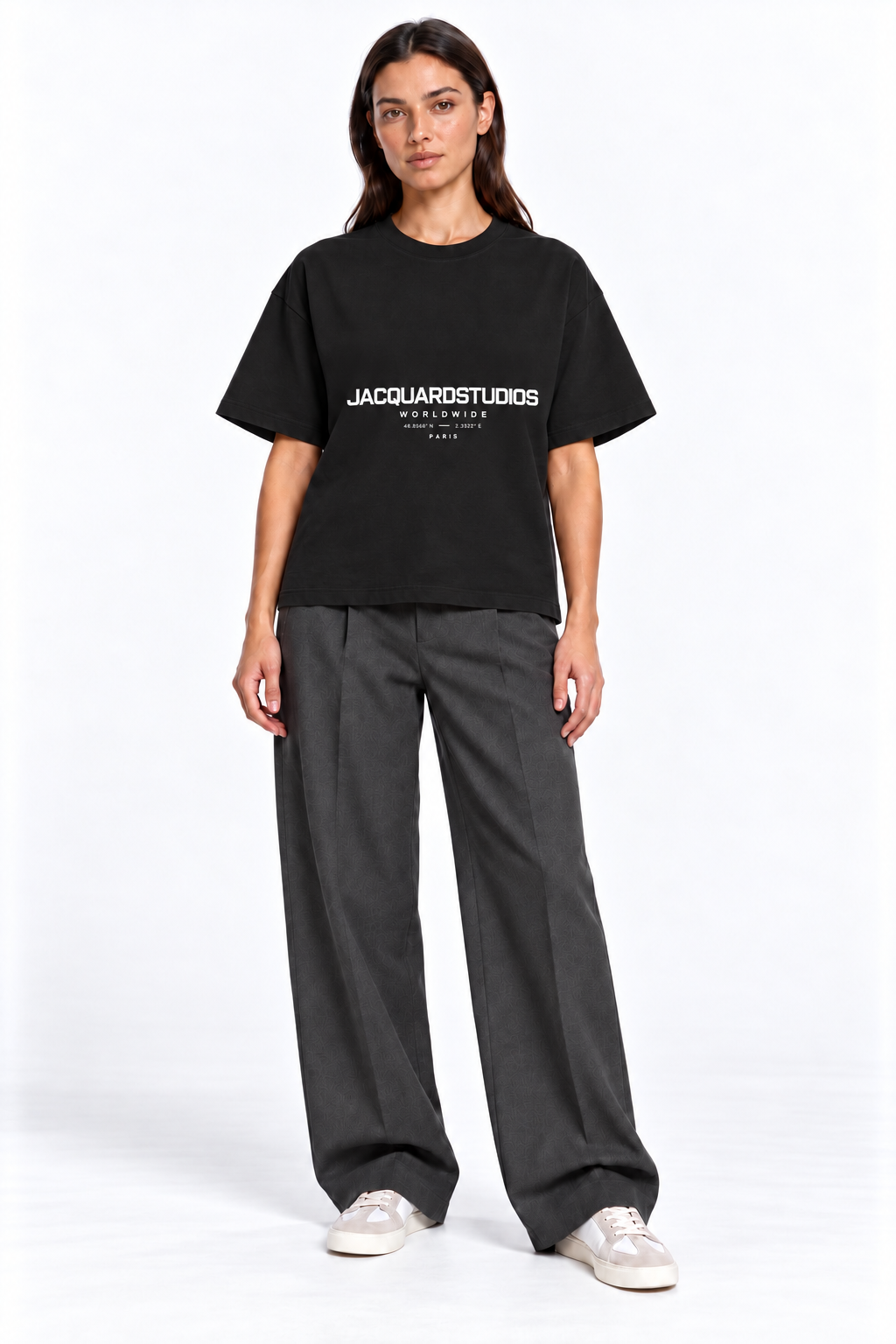 Front view of a second model wearing the JacquardStudios Worldwide T-Shirt in Black