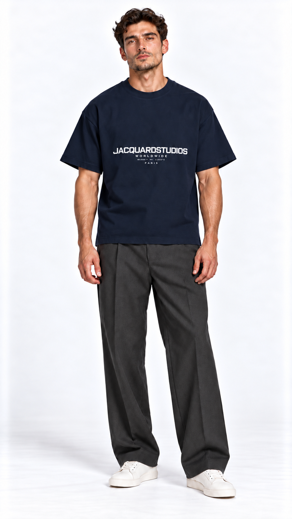 Front view of a model wearing the JacquardStudios Worldwide T-Shirt in Navy Blue