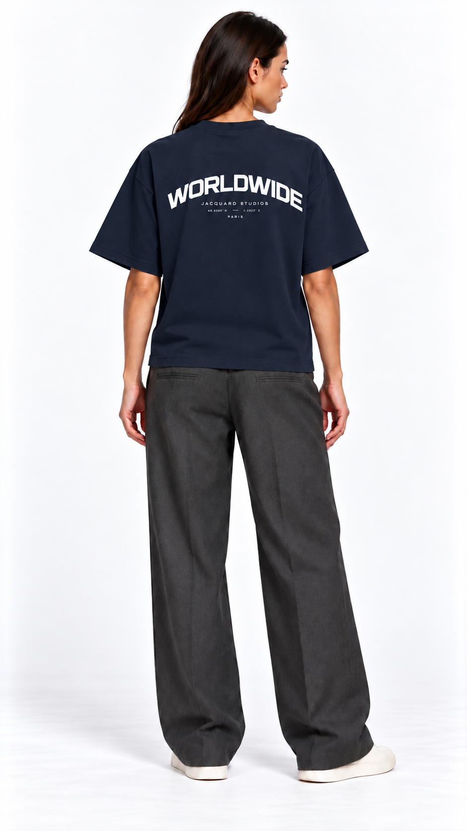 Back view of a second model wearing the JacquardStudios Worldwide T-Shirt in Navy Blue