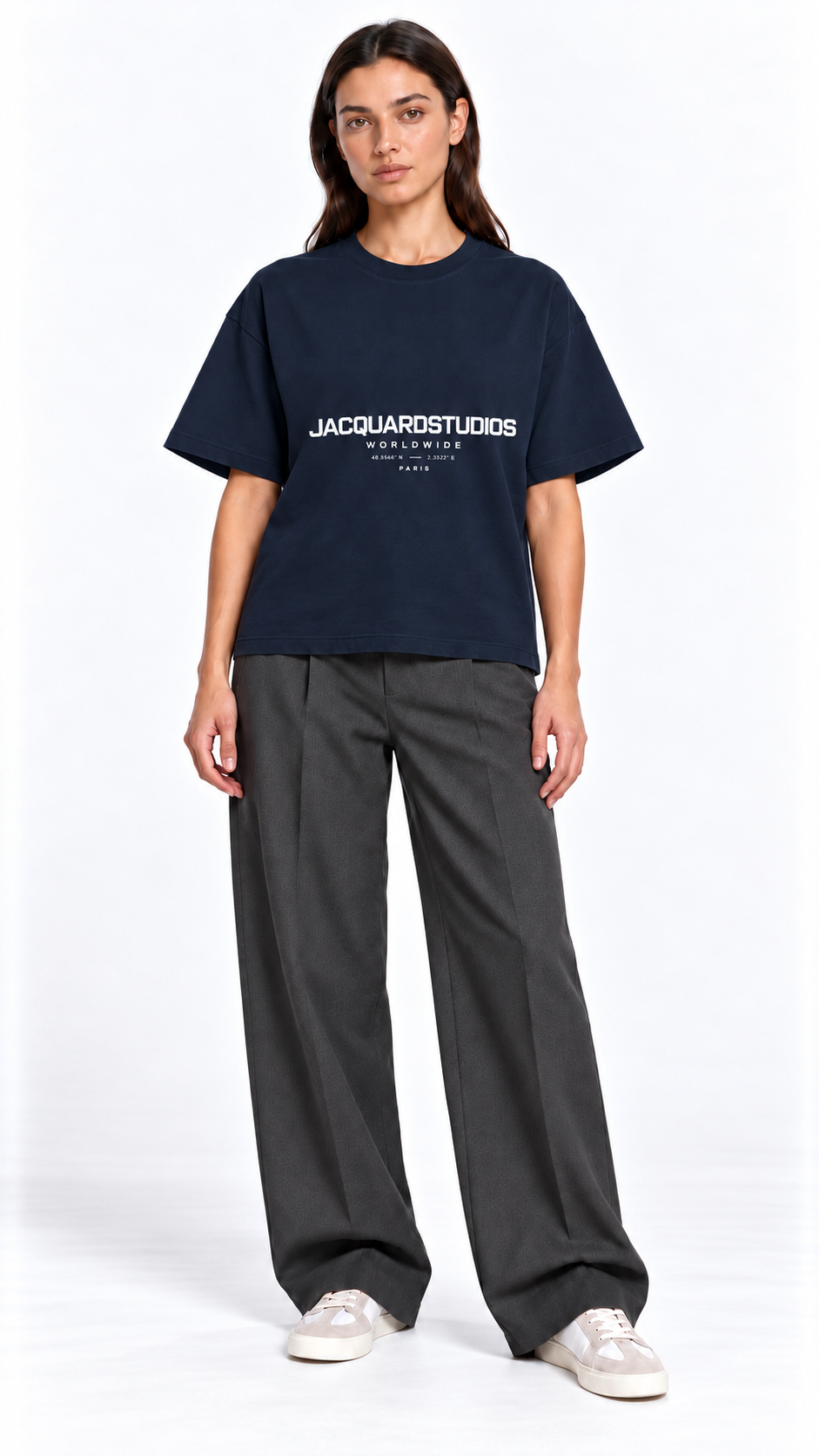 Front view of a second model wearing the JacquardStudios Worldwide T-Shirt in Navy Blue