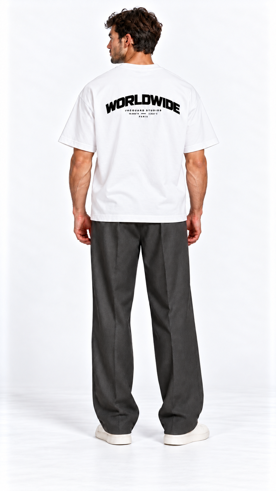 Back view of a model wearing the JacquardStudios Worldwide T-Shirt in White